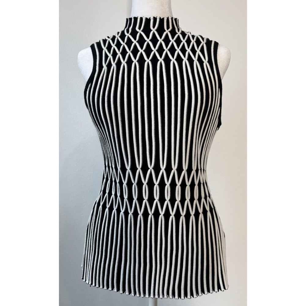 CACHE Sleeveless Geometric Black/White Tank Mock Neck Knit Top Viscose Stretch M